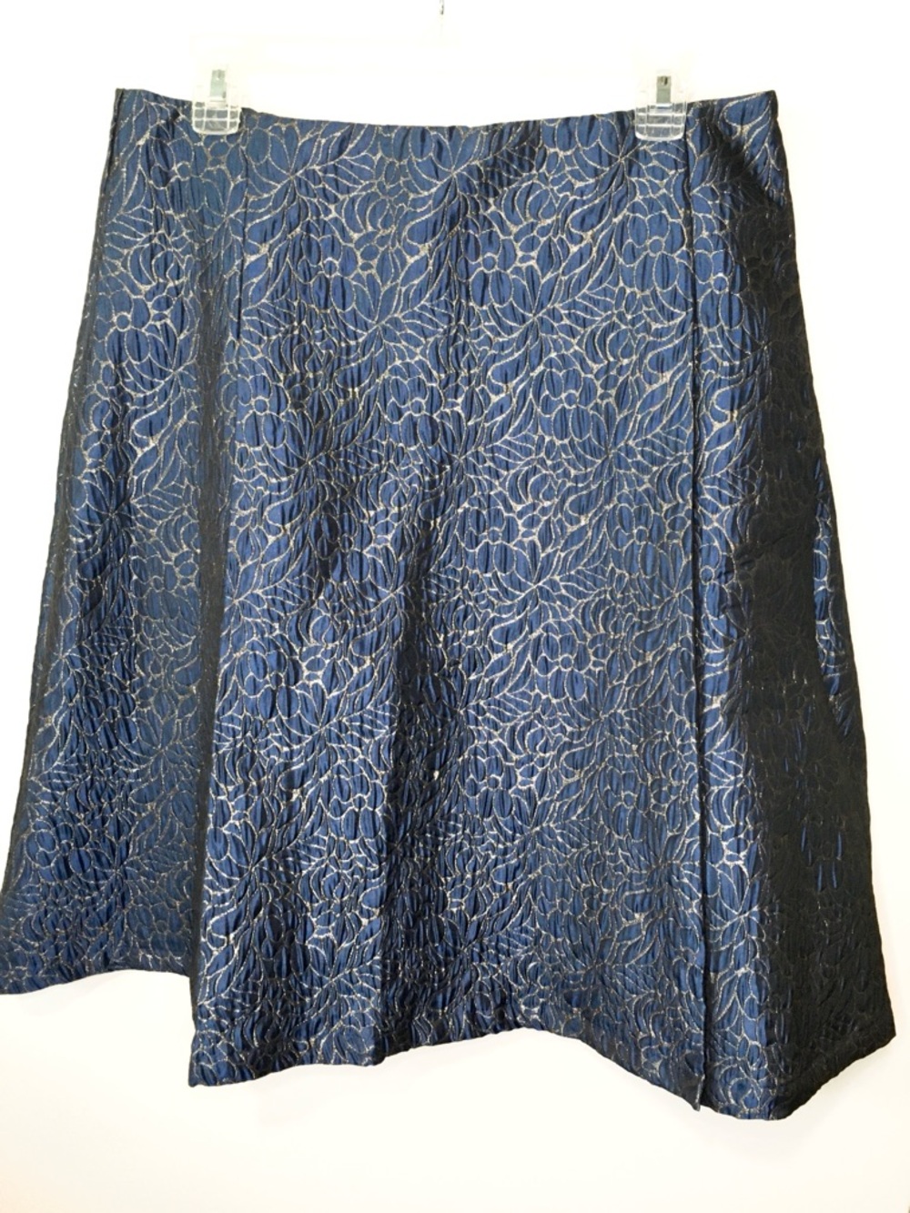 Blue Floral Jacquard Pleated A-Line Skirt with Metallic Threading
